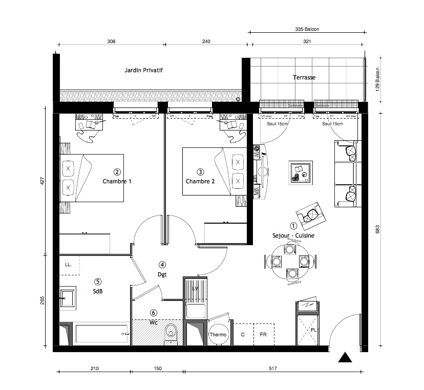 T3 - 58,15 m² - RdJ - Terrasse - Jardin - Parking - Vendu