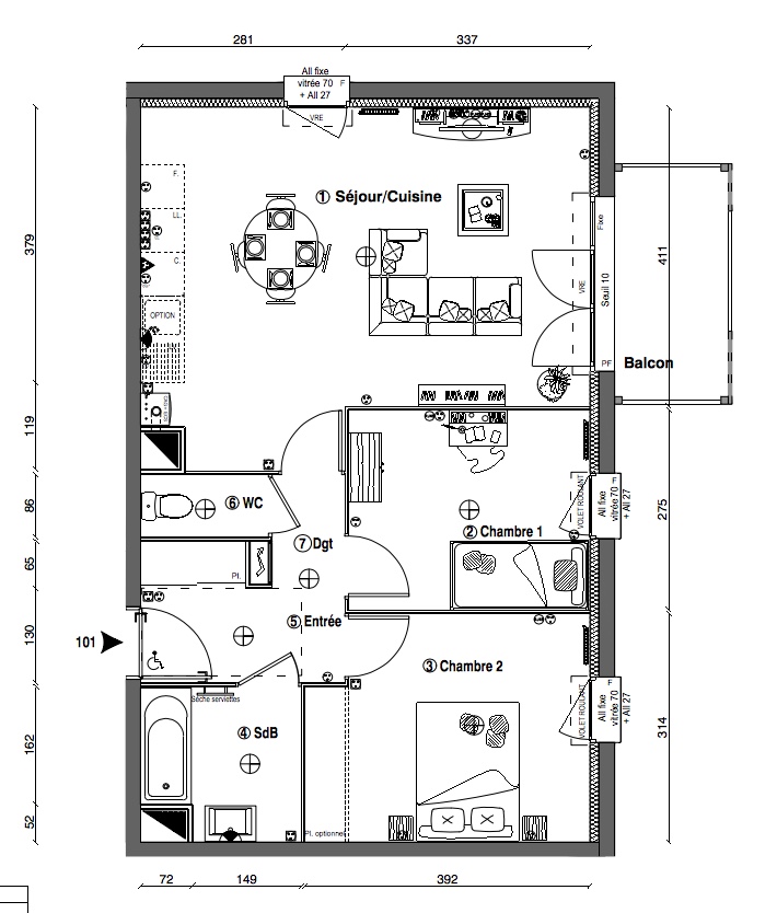 T3 - 60,30 m² - 1er étage - Balcon - Parking