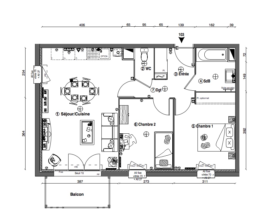T3 - 58,70 m² - 1er étage - Balcon - Parking