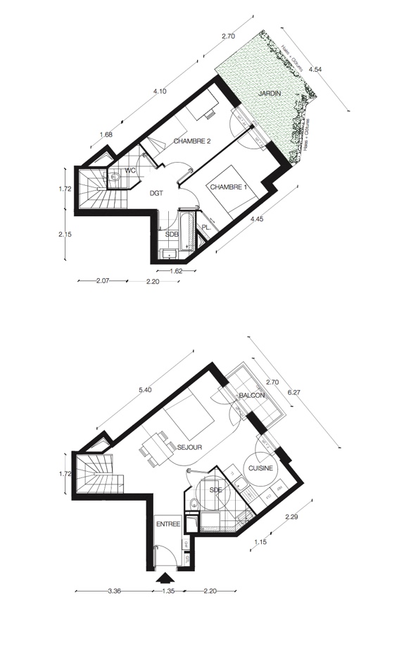 T3 Duplex - 64,70 m² - 1er étage - Balcon - Parking
