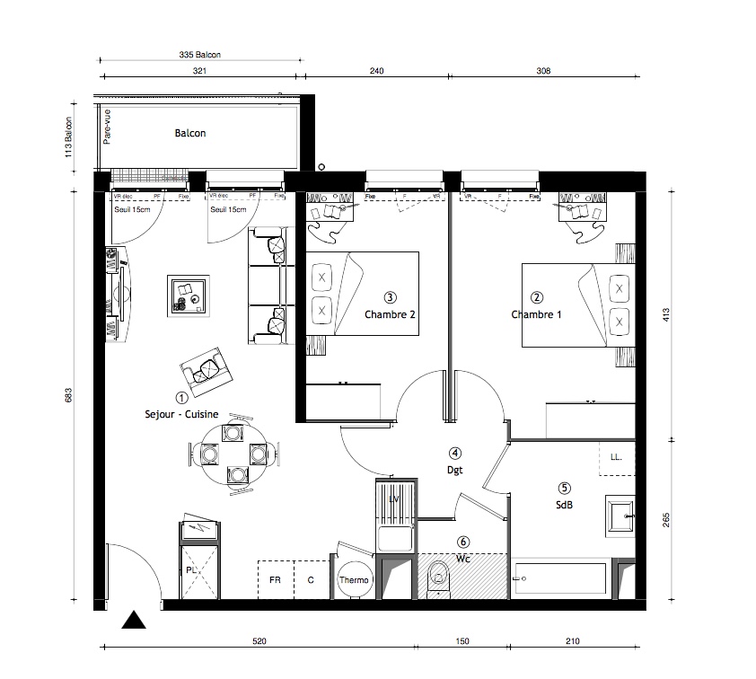 T2 - 58,15 m² - 1er étage - Balcon - Parking - Vendu