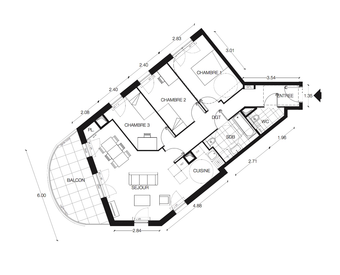 T4 - 79,40 m² - 3ème étage - Balcon - Parking