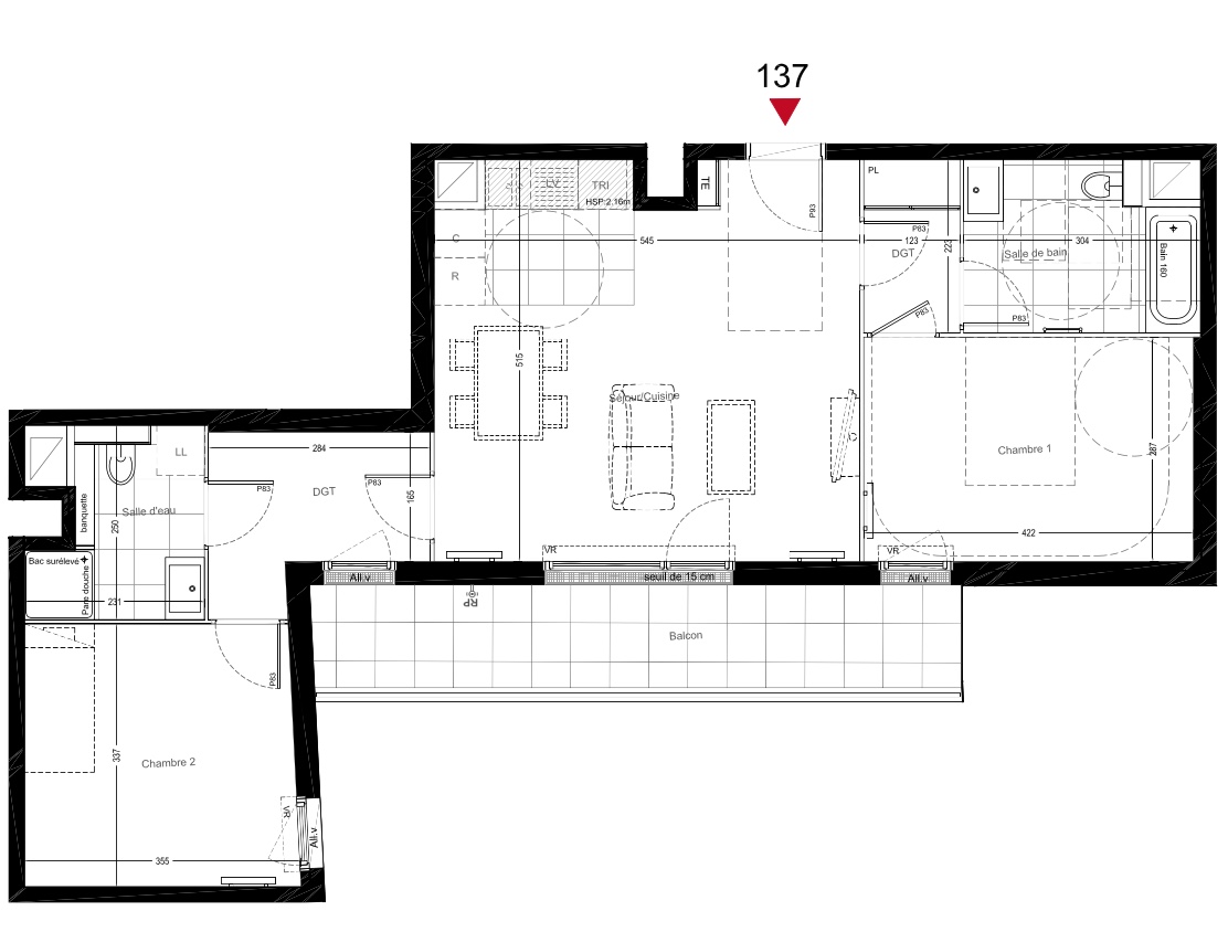 T3 - 69,51 m² - 3ème étage - Balcon - Parking