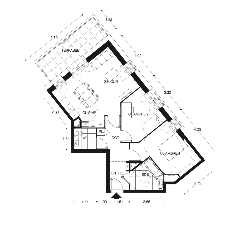 T3 - 64,50 m² - 3ème étage - Balcon - Parking