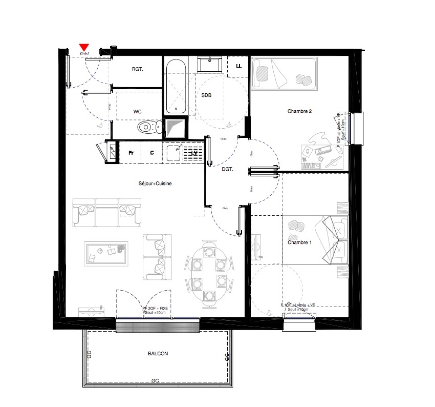 T3 - 58,30 m² - 1er étage - Balcon - Parking