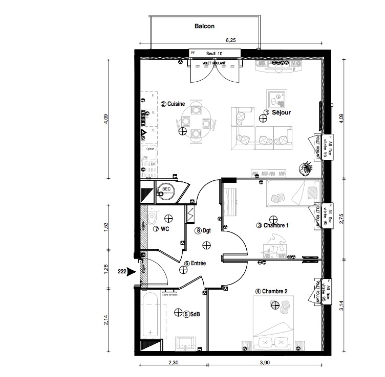 T3 - 60,70 m² - 2ème étage - Parking