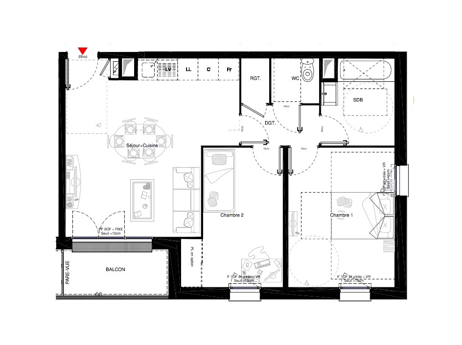 T3 - 59,80 m² - 1er étage - Balcon - Parking