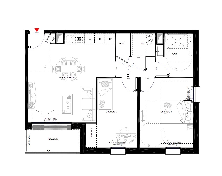 T3 - 59,80 m² - 2ème étage - Balcon - Parking