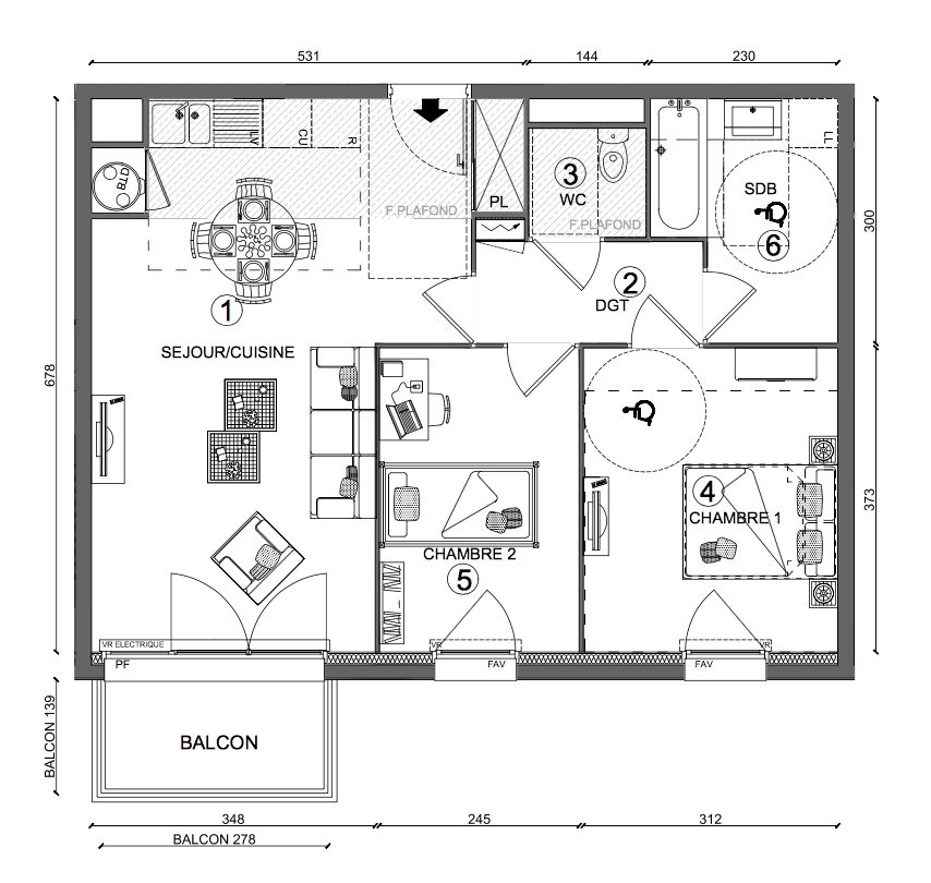 T3 - 59,75 m² - 2ème étage - Balcon - Parking