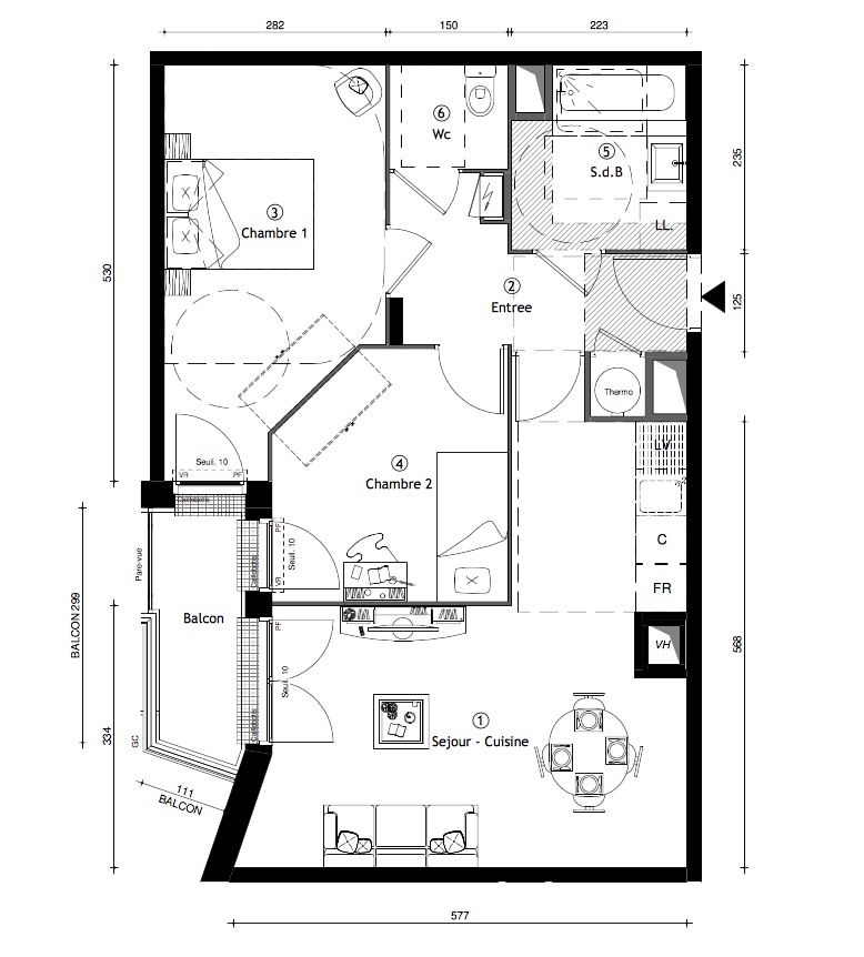 T3 - 58,70 m² - 2ème étage - Balcon - Parking