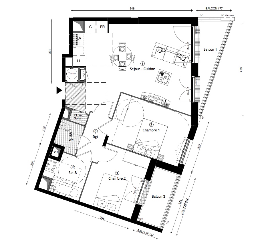 T3 - 61,00 m² - 3ème étage - Balcon - Parking