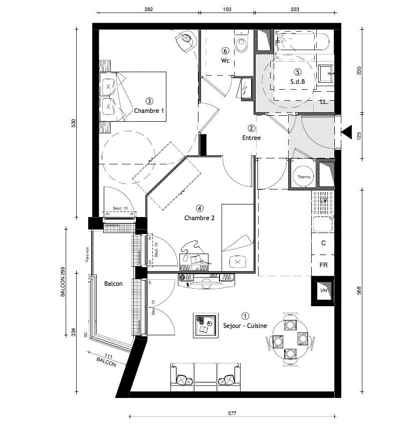 T3 - 58,70 m² - 3ème étage - Balcon - Parking