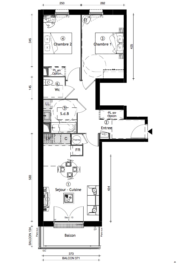 T3 - 60,70 m² - 3ème étage - Balcon - Parking