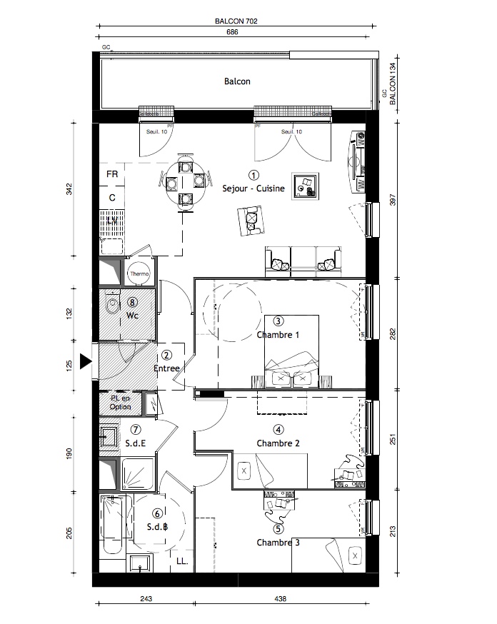 T4 - 76,30 m² - 3ème étage - Balcon - Parking