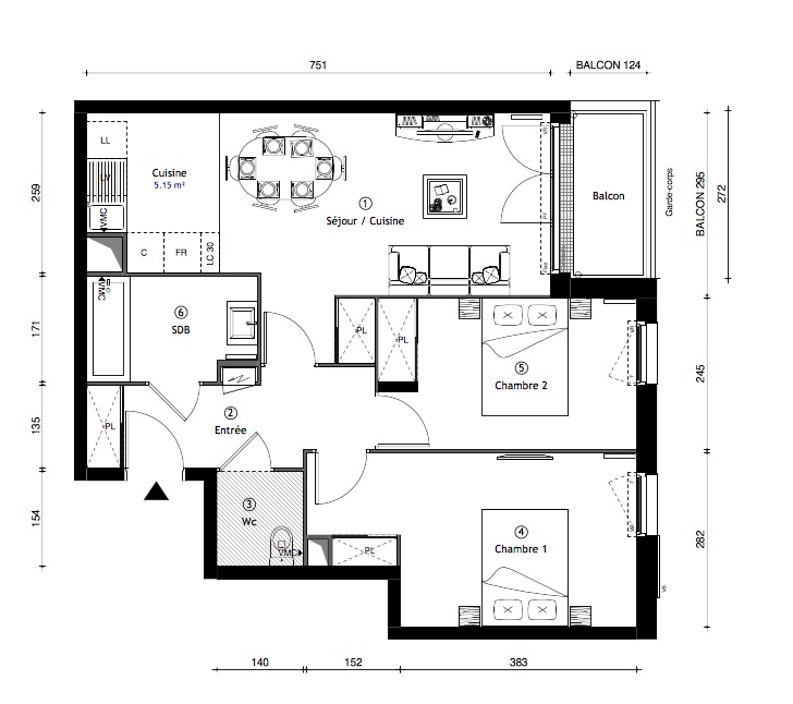 T2 - 59,20 m² 3ème étage - Balcon - Parking