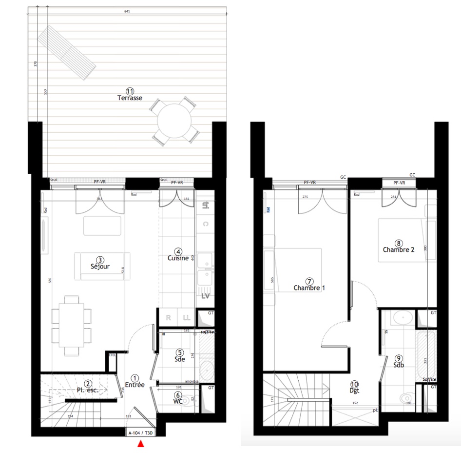 T3 - 73,88 m² - RdC/1er étage - Terrasse - Parking