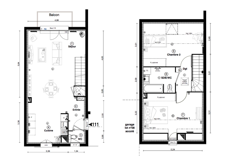 T3 Duplex - 76,80 m² - 1er étage - Balcon - Parking