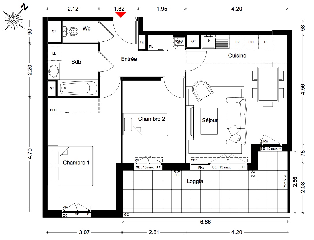 T3 - 57,29 m² - 1er étage - Balcon - Parking