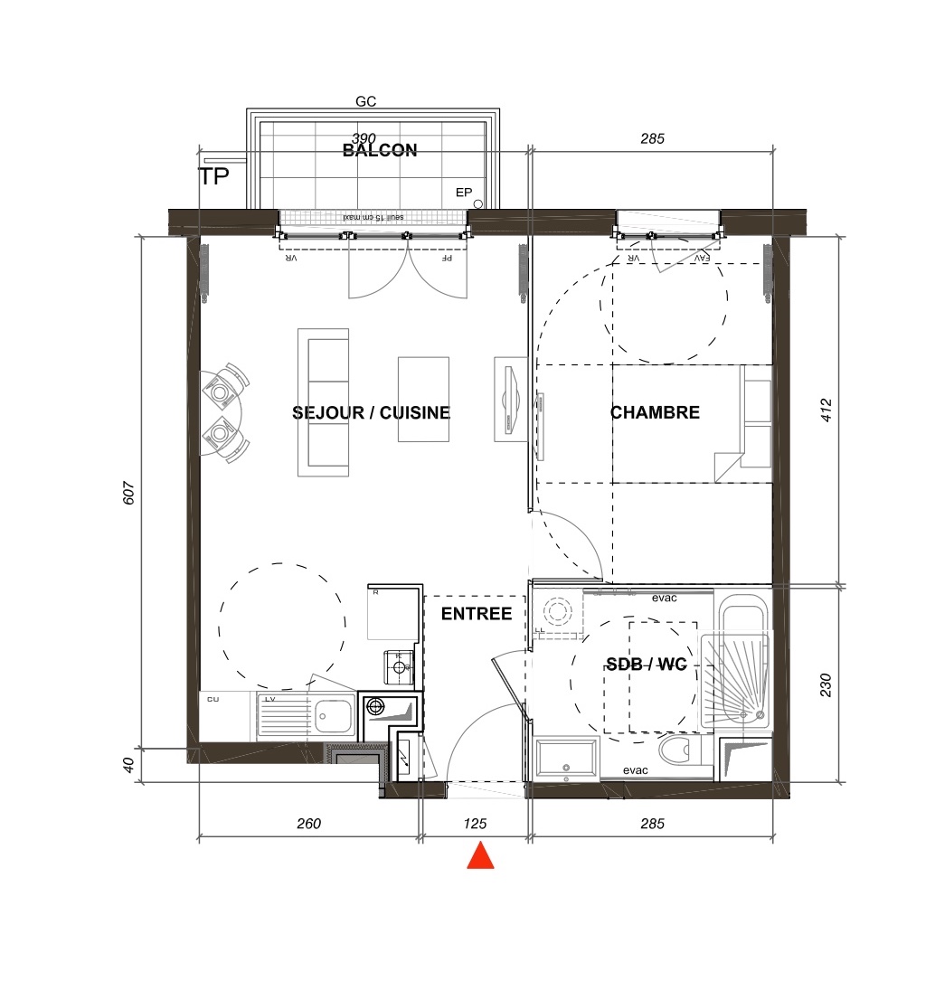 T2 - 41,43 m² - 1er étage - Balcon - Parking