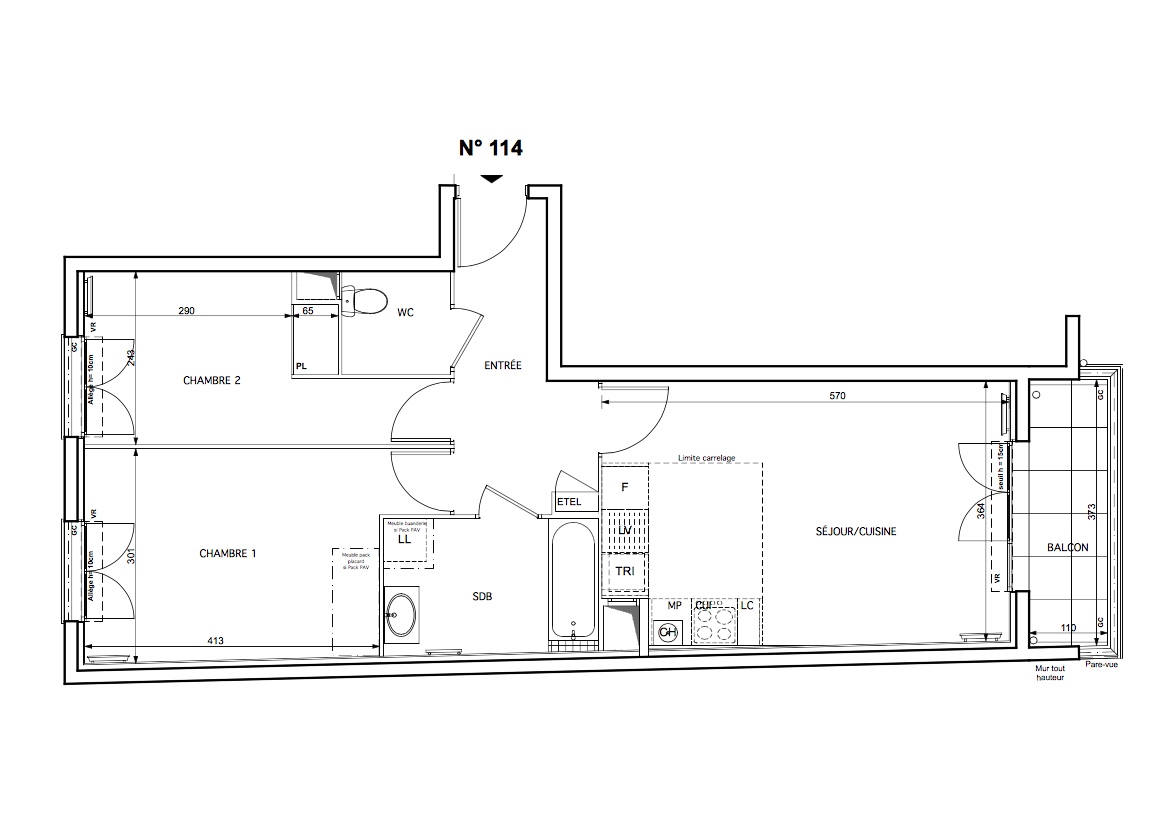 T3 - 58,28 m² - 1er étage - Balcon - Parking