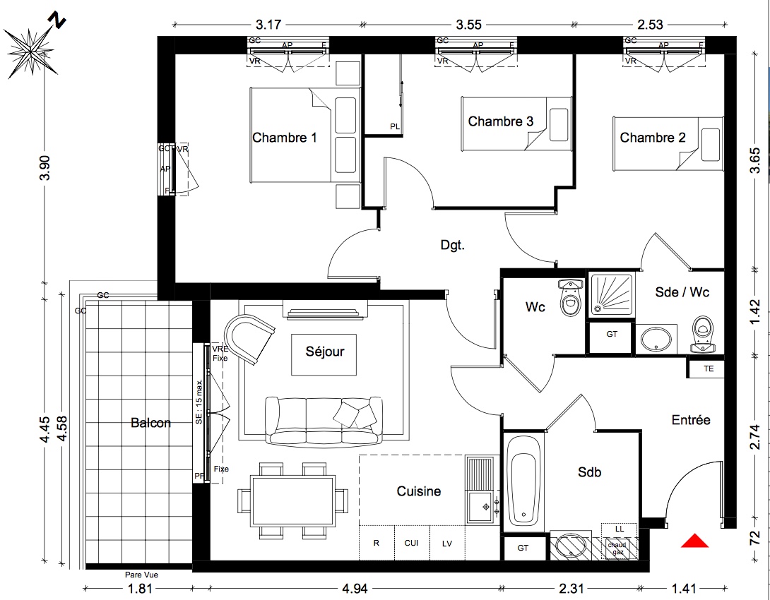 T4 - 73,00 m² - 1er étage - Balcon - Parking