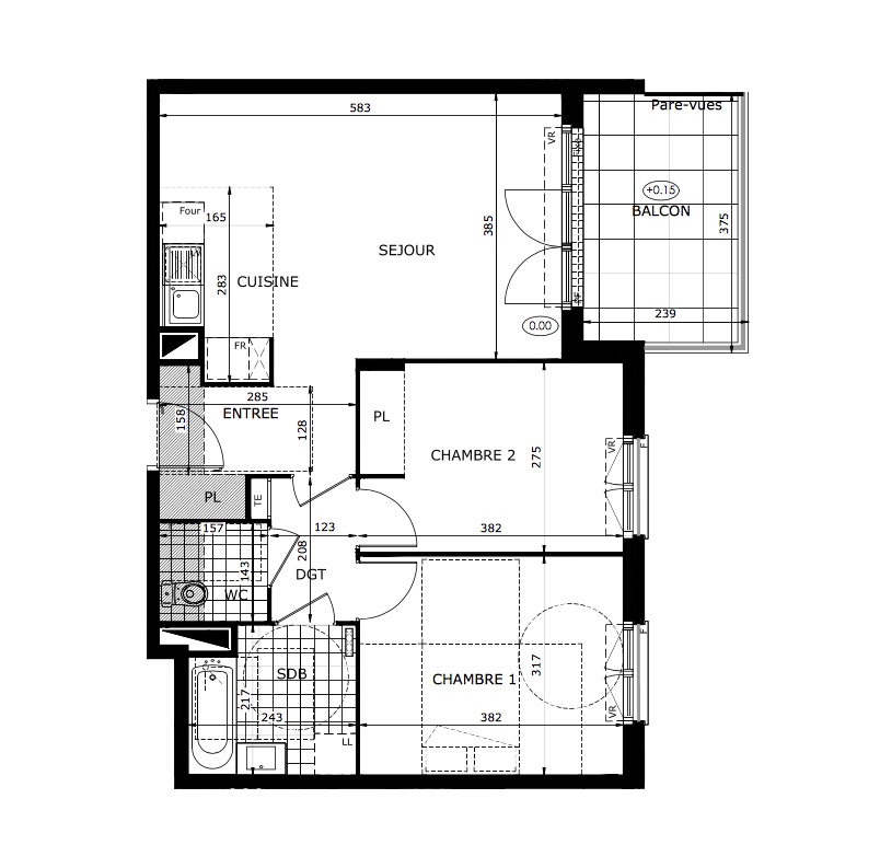 T3 - 59,80 m² - 2ème étage - Balcon - Parking