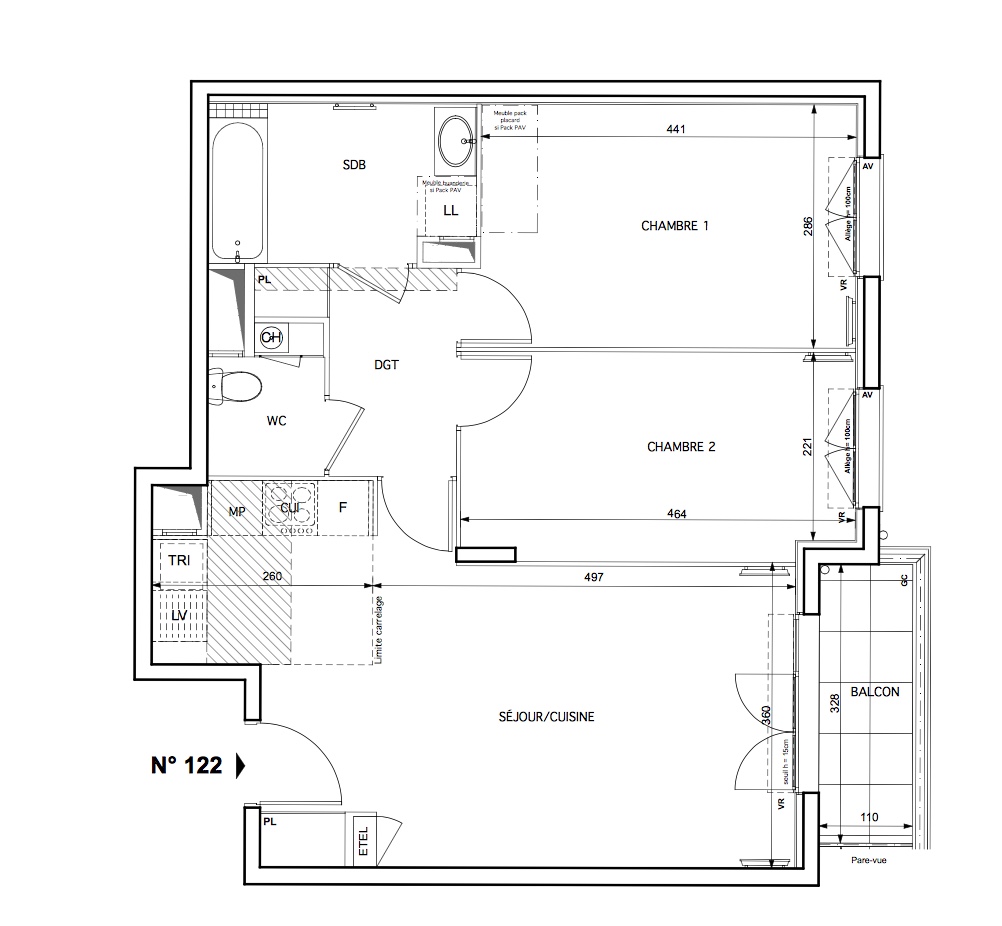 T3 - 62,86 m² - 2ème étage - Balcon - Parking