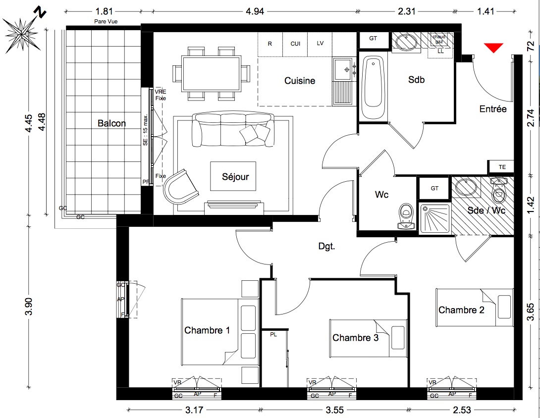 T4 - 72,99 m² - 2ème étage - Balcon - Parking