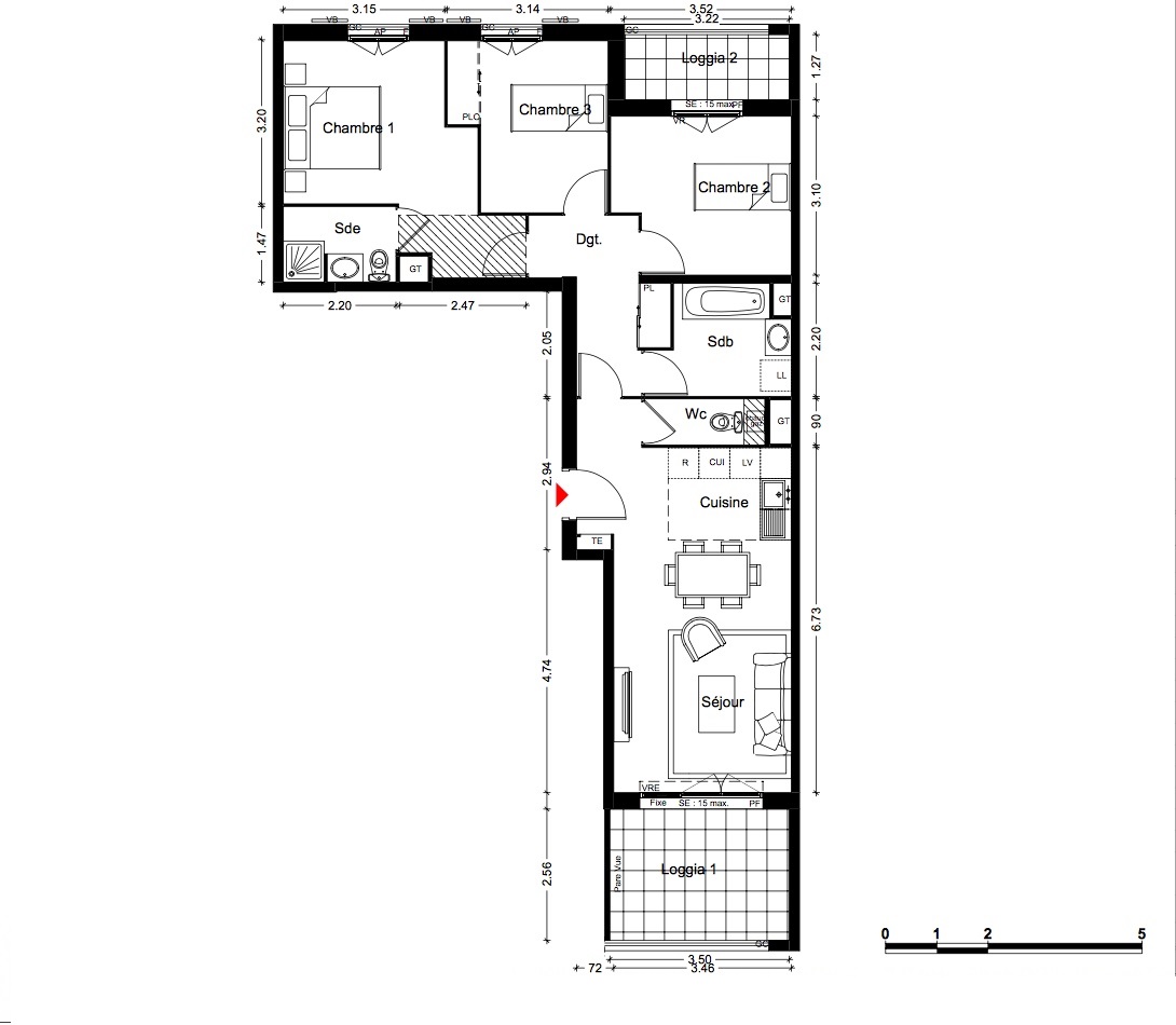 T4 - 76,56 m² - 3ème étage - Balcon - Parking