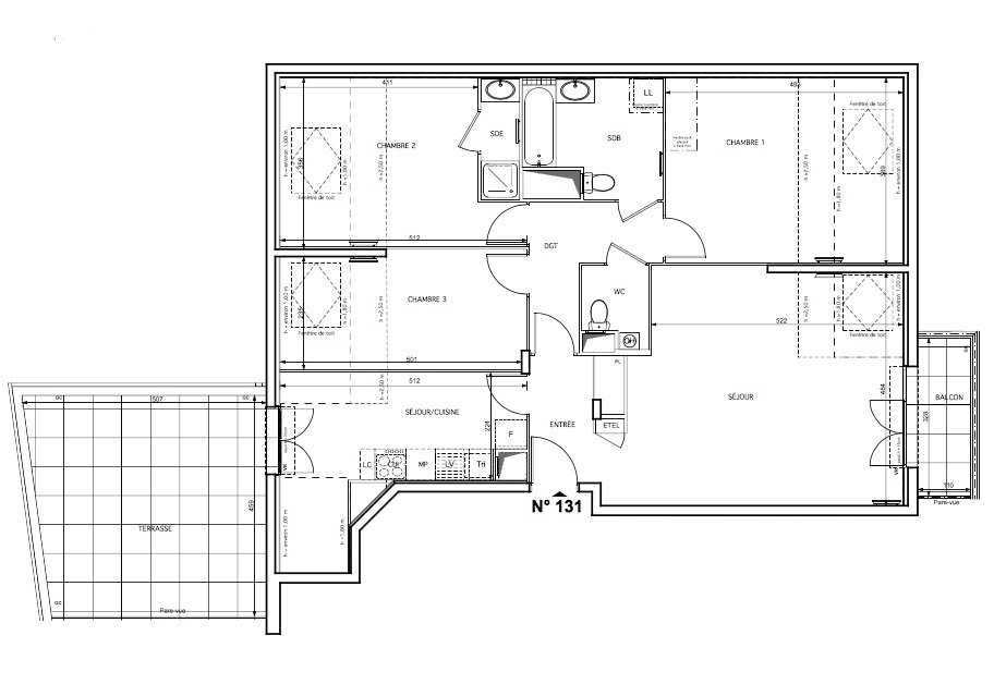 T4 - 88,84 m² - 3ème étage - Terrasse - Parking