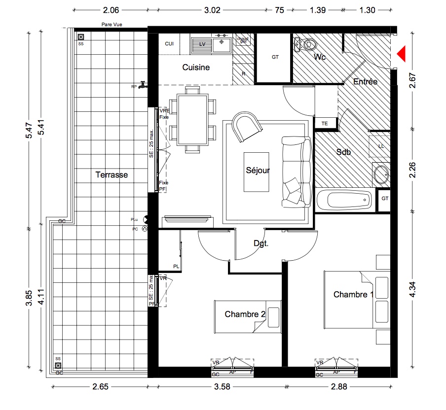 T3 - 57,26 m² - 3ème étage - Terrasse - Parking