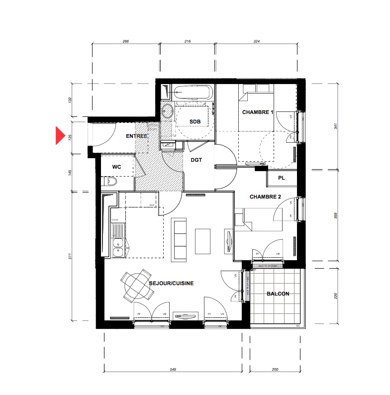 T3 - 61,83 m² - 3ème étage - Balcon - Parking