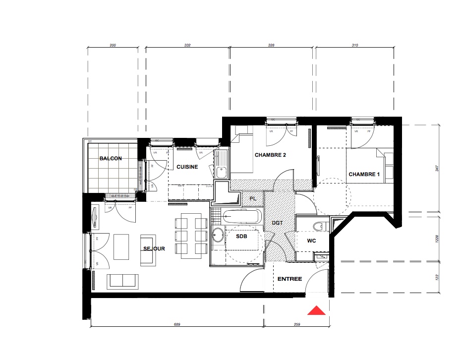 T3 - 60,44 m² - 3ème étage - Balcon - Parking