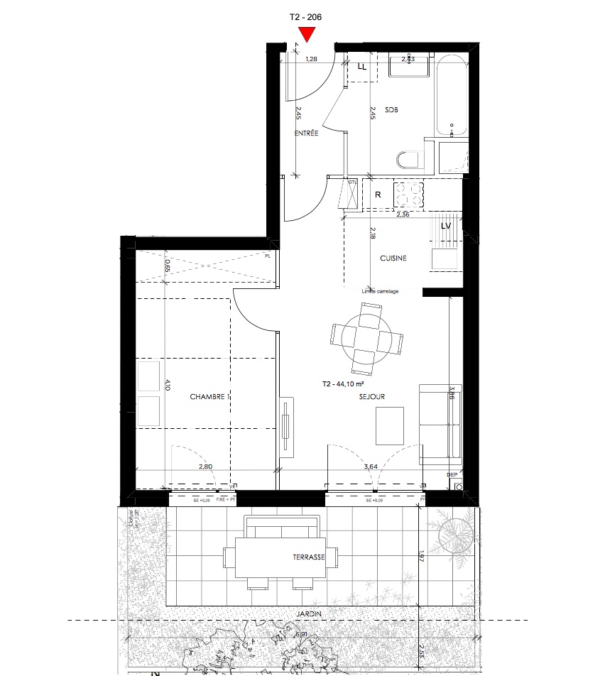 T2 - 44,13 m² - RdC - Terrasse - Parking