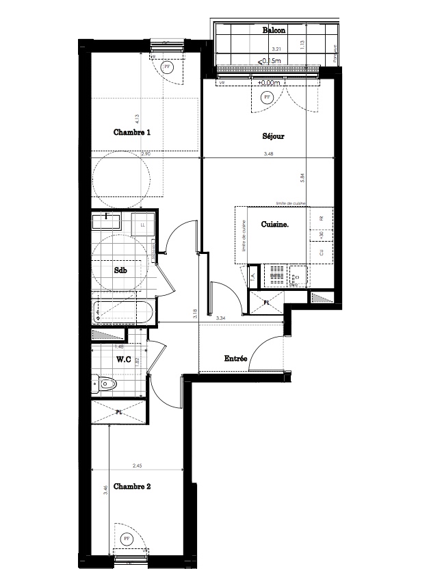 T3 - 59,24 m² - 1er étage - Balcon - Parking