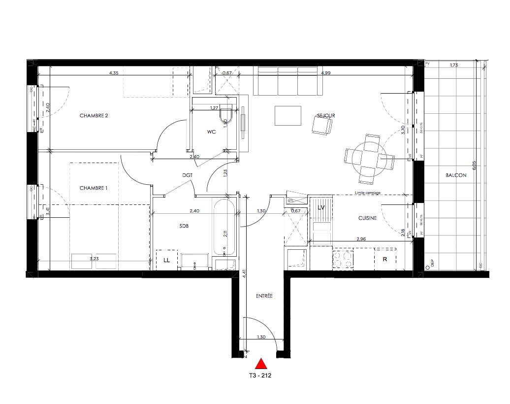 T3 - 62,98 m² - 1er étage - Balcon - Parking