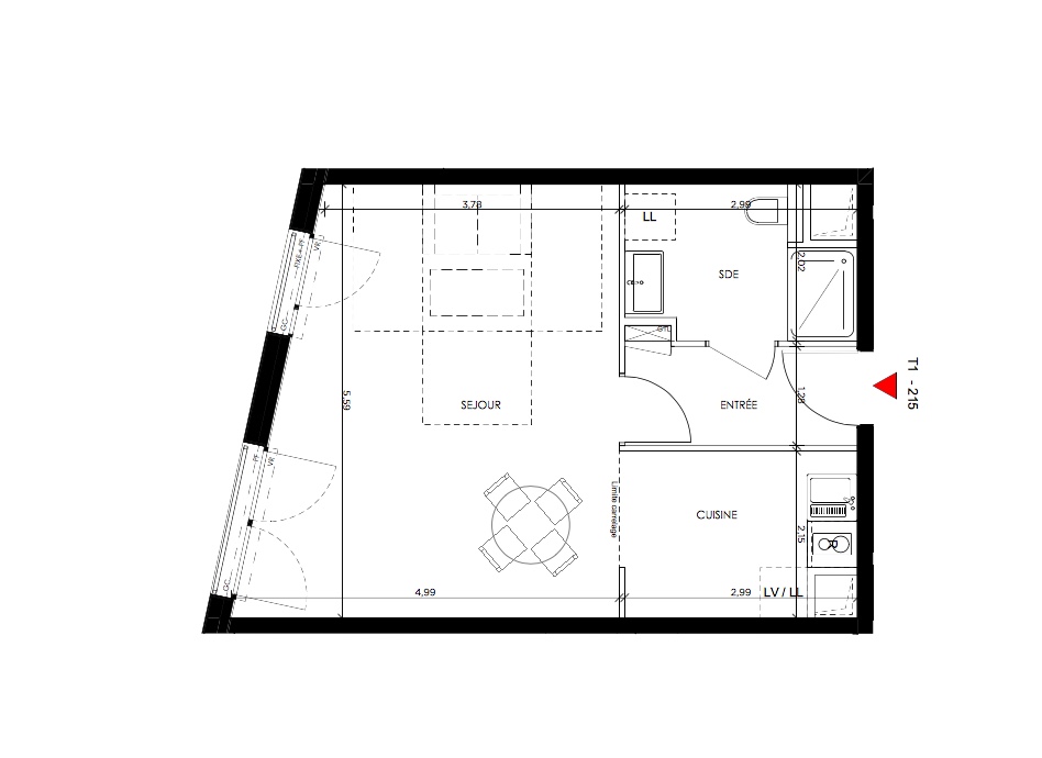 T1 - 39,89 m² - 1er étage - Parking