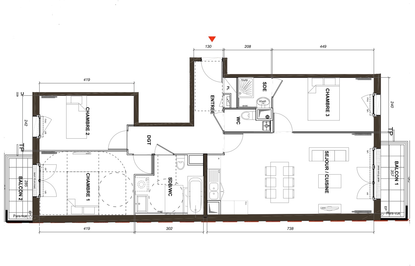 T4 - 78,56 m² - 1er étage - Balcon - Parking