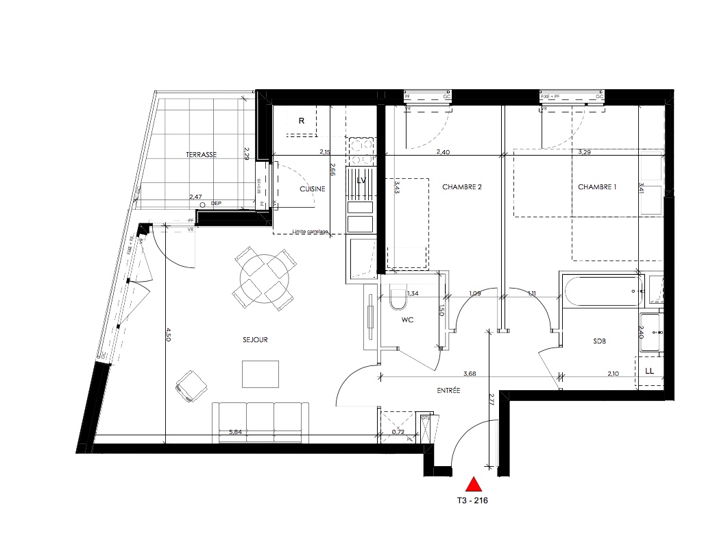 T3 - 64,52 m² - 1er étage - Balcon - Parking