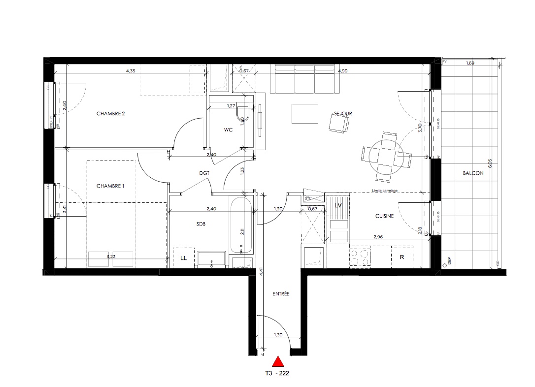 T3 - 62,98 m² - 2ème étage - Balcon - Parking