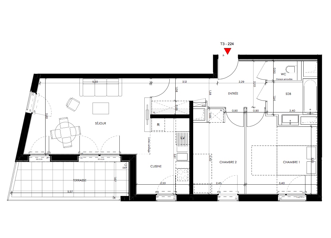 T3 - 65,18 m² - 2ème étage - Balcon - Parking