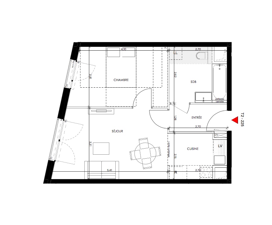 T2 - 44,29 m² - 2ème étage - Parking