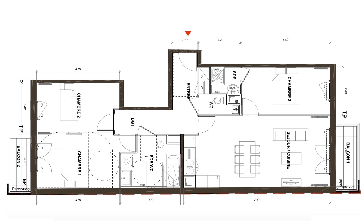 T4 - 78,58 m² - 2ème étage - Balcon - Parking