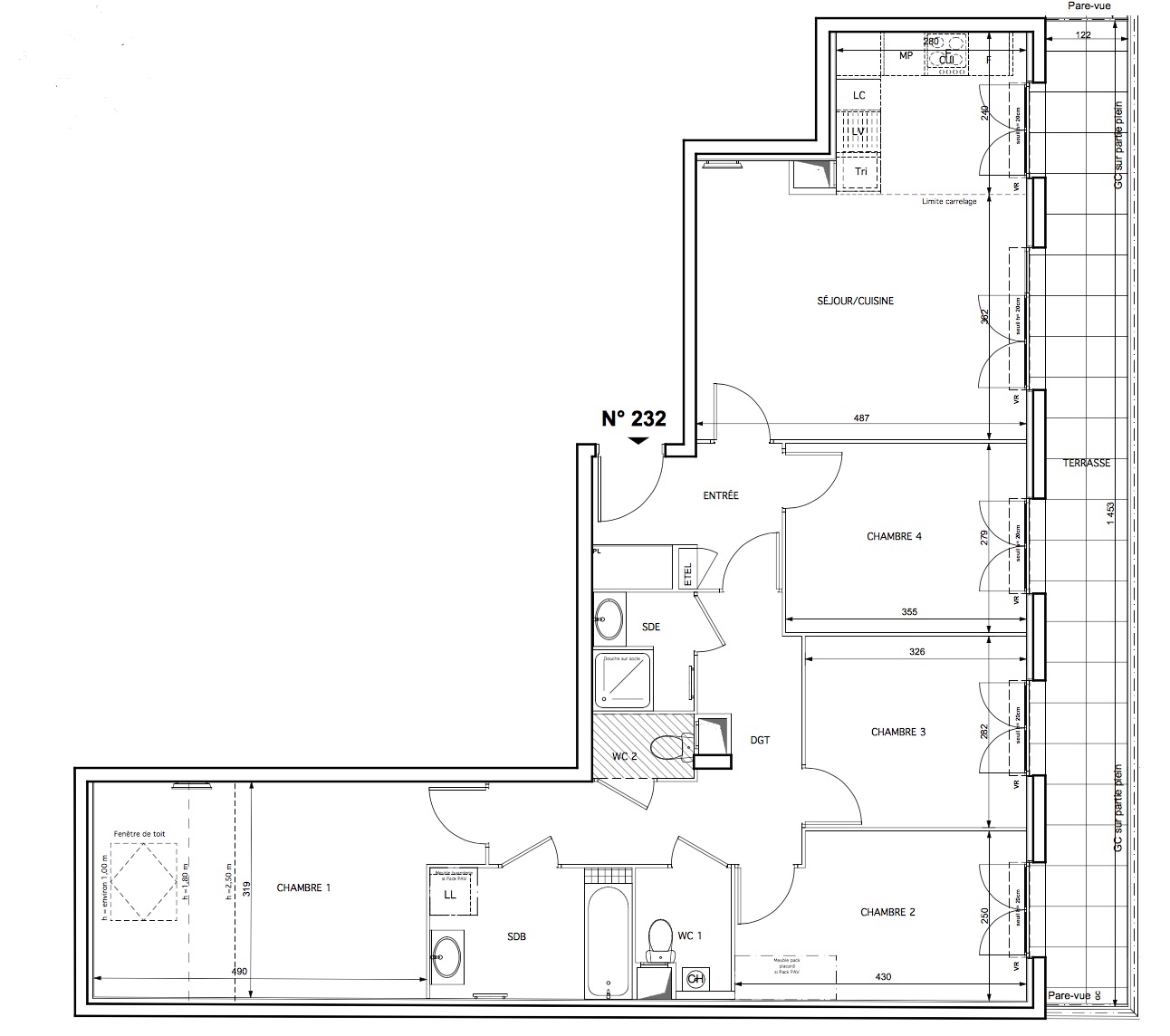 T5 - 93,40 m² - 3ème étage - Balcon - Parking