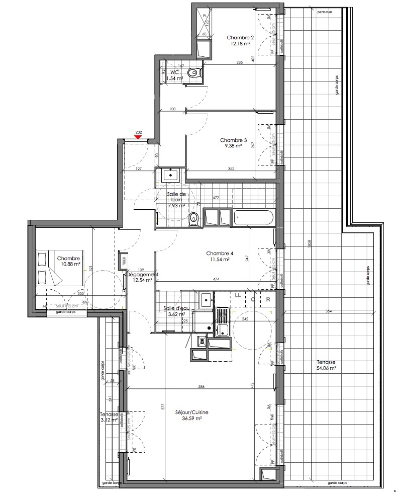 T5 - 106,23 m² - 3ème étage - Terrasse - Parking