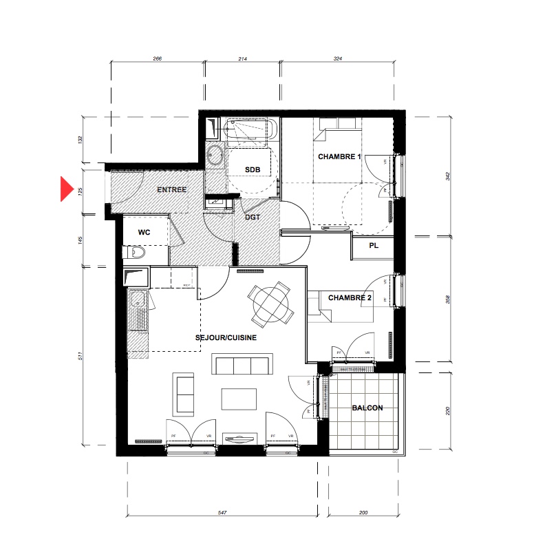 T3 - 62,15 m² - 3ème étage - Balcon - Parking