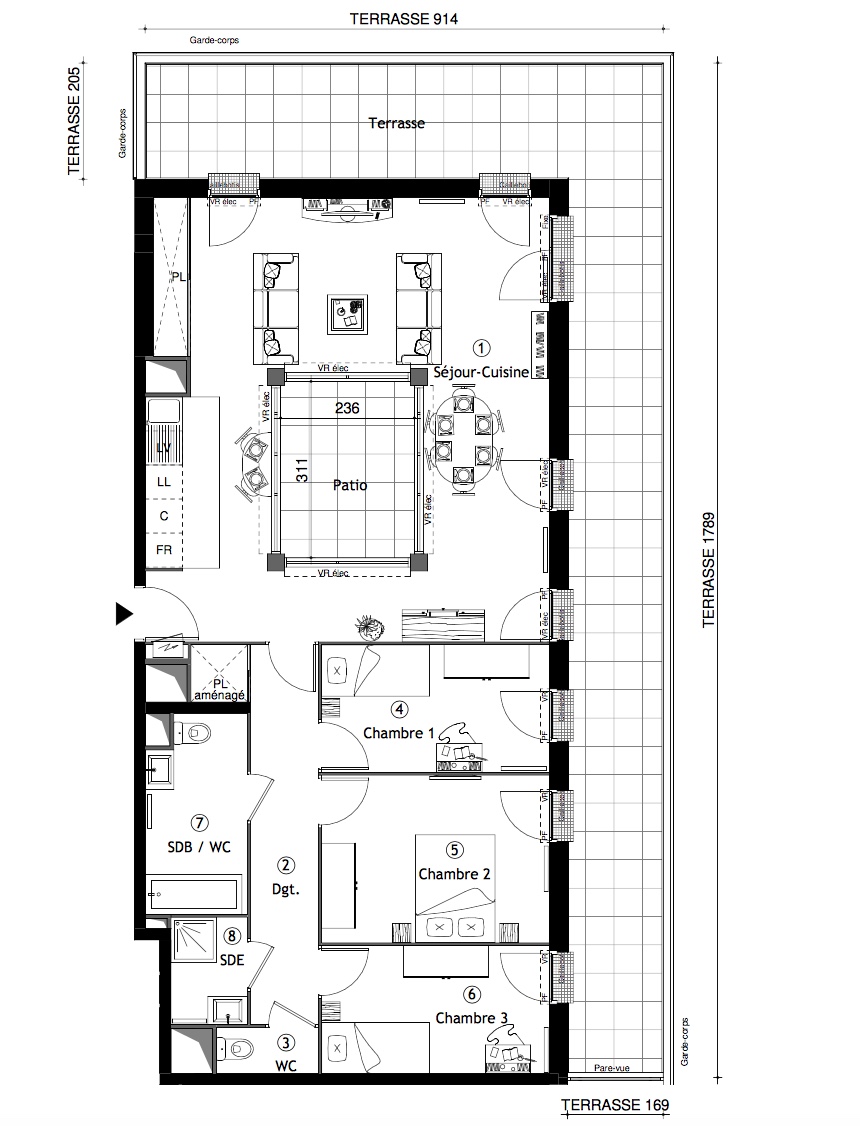 T4 - 95,40 m² - 3ème étage - Balcon - Parking