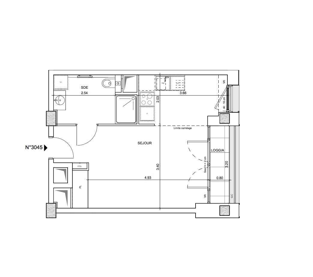 T1 - 32,80 m² - 4ème étage - Balcon