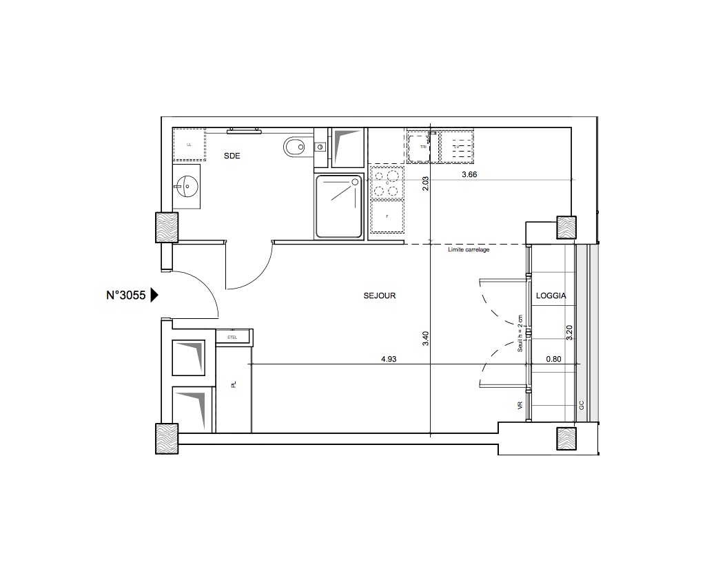 T1 - 32,90 m² - 5ème étage - Balcon