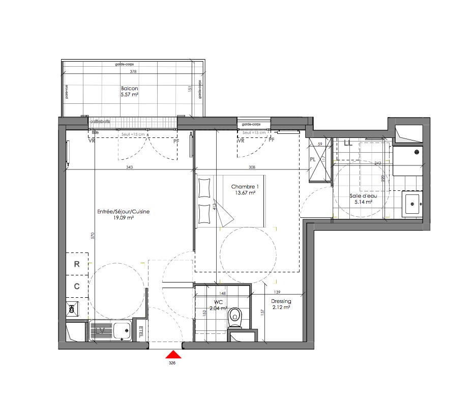 T2 - 42,07 m² - 2ème étage - Balcon - Parking